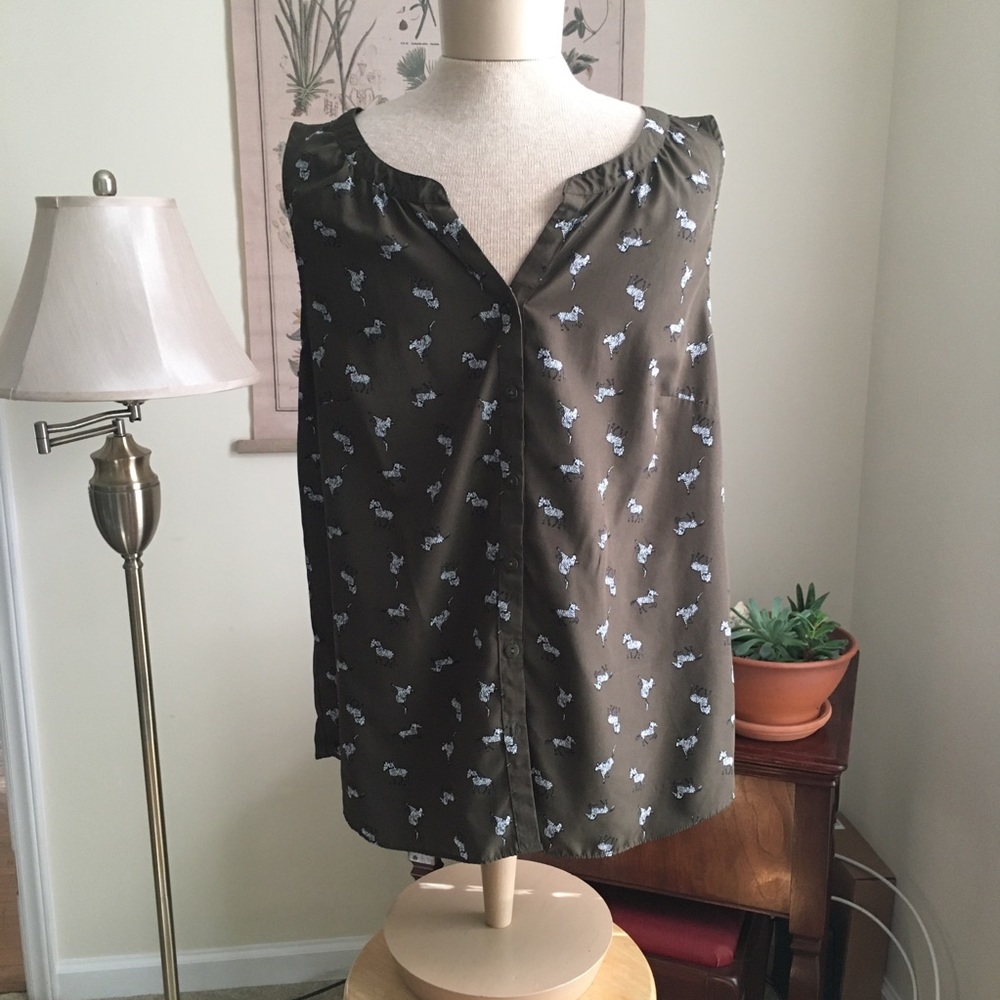 Green Button-Down Blouse with Zebras